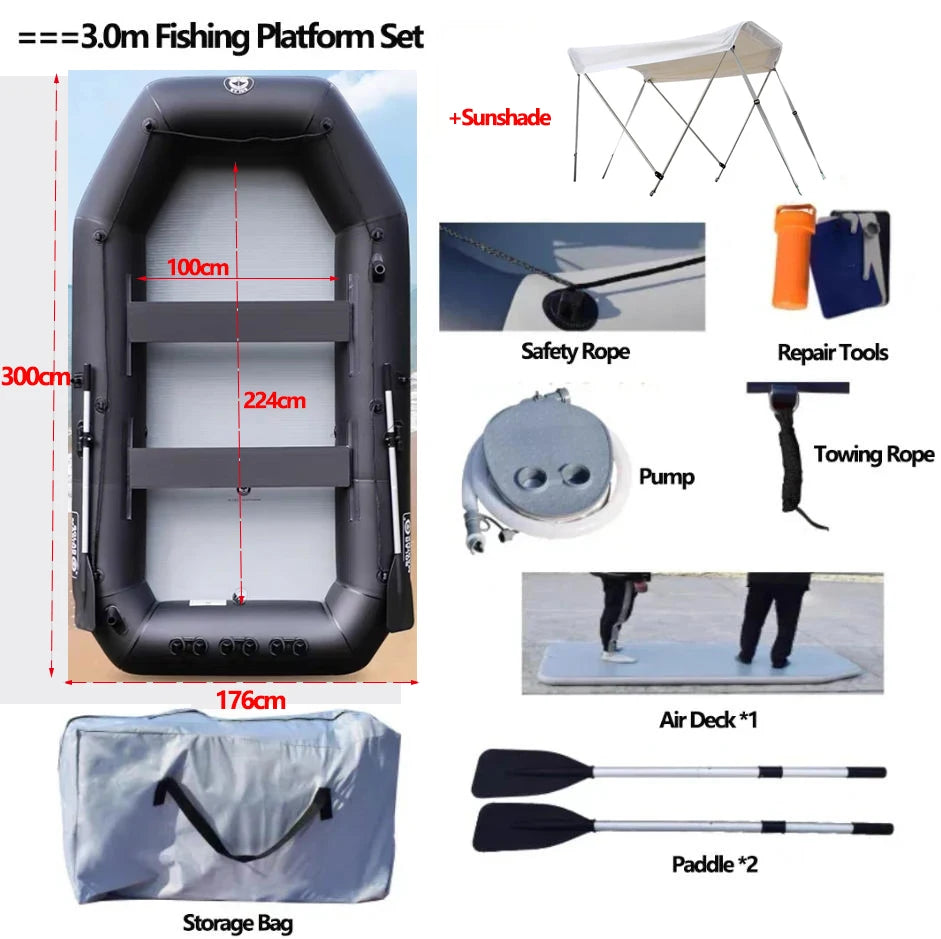 New 0.9mm Thickened & Widened Inflatable Boat with Sunshade Set Air Deck Fishing Platform Wear-resistant PVC Kayaks