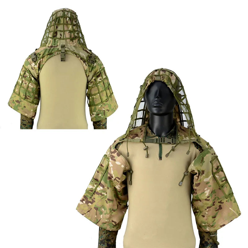 Tactical Ghillie Suit Breathable Ghillie Viper Hood with 3D Leafy Stripes Sniper Coat for Wargame, Hunting, CS