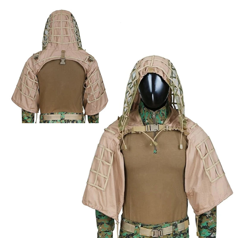 Tactical Ghillie Suit Breathable Ghillie Viper Hood with 3D Leafy Stripes Sniper Coat for Wargame, Hunting, CS