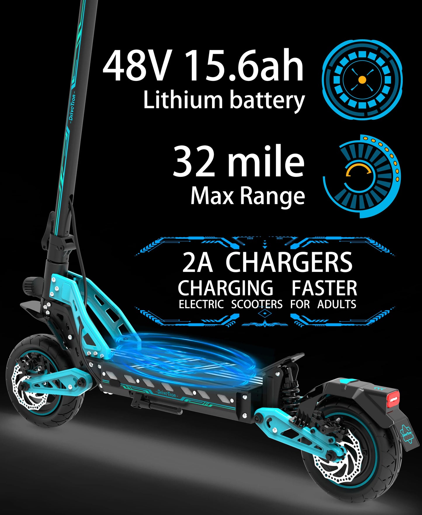 DriveTron 31mph 50kmh Double Absorber Brake Powerful Off-road Adult Big 48V 10inch Tires Adult Electric Scooter