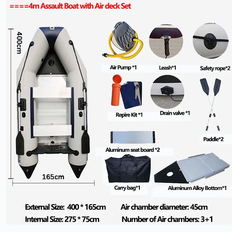 2.3~4.0m Inflatable Assault Boat 0.9mm Thickness PVC Speed Kayak Raft Thickened Wear-resistant Fishing Canoe Aluminum Floor Set