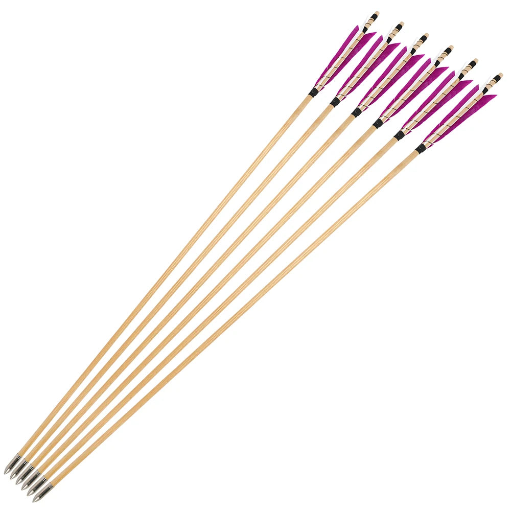 Wood Arrows 6/12pcs Turkey Feather OD8mm Fixed Stainless Steel Arrowhead 32.3Inch for Bow Shooting Hunting Practice