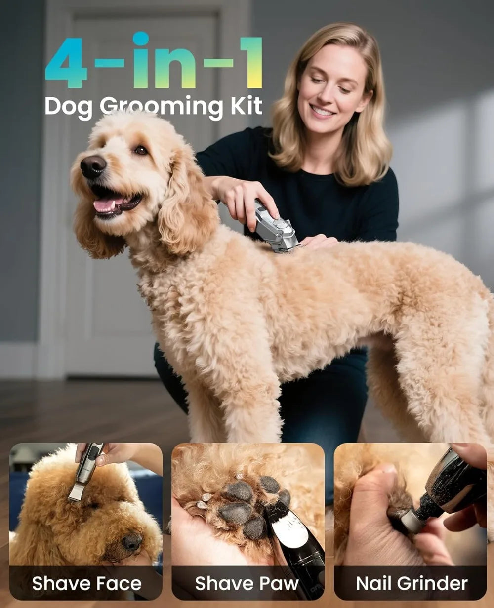 Dog Clippers for Thick Coats, 4-in-1 Grooming Kit Low Noise Stainless Steel Blade, Cordless Paw Trimmer & Nail Grinder for Small Large Dogs Cats
