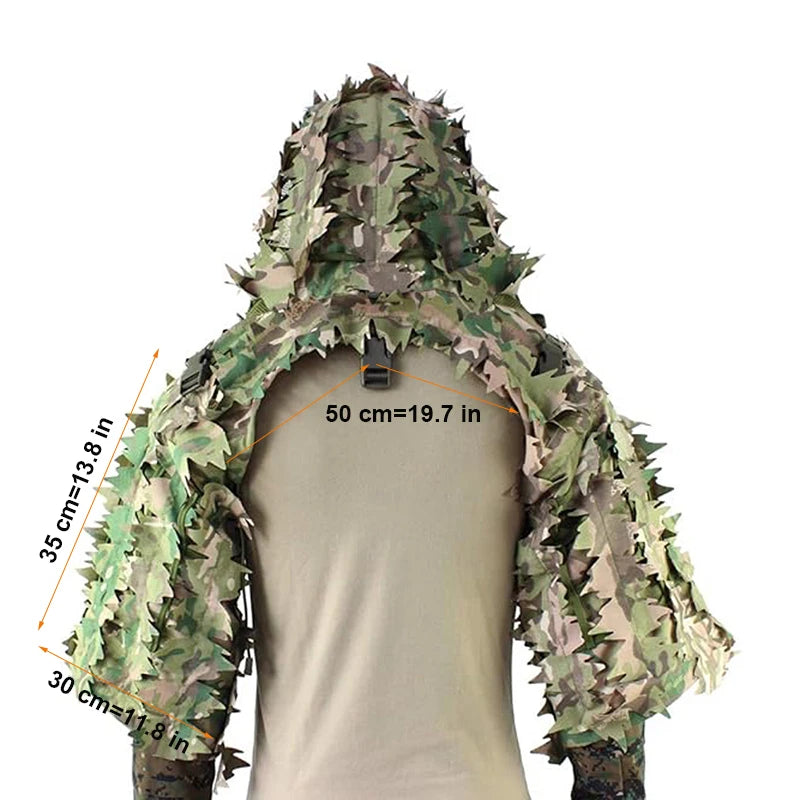 Tactical Ghillie Suit Breathable Ghillie Viper Hood with 3D Leafy Stripes Sniper Coat for Wargame, Hunting, CS