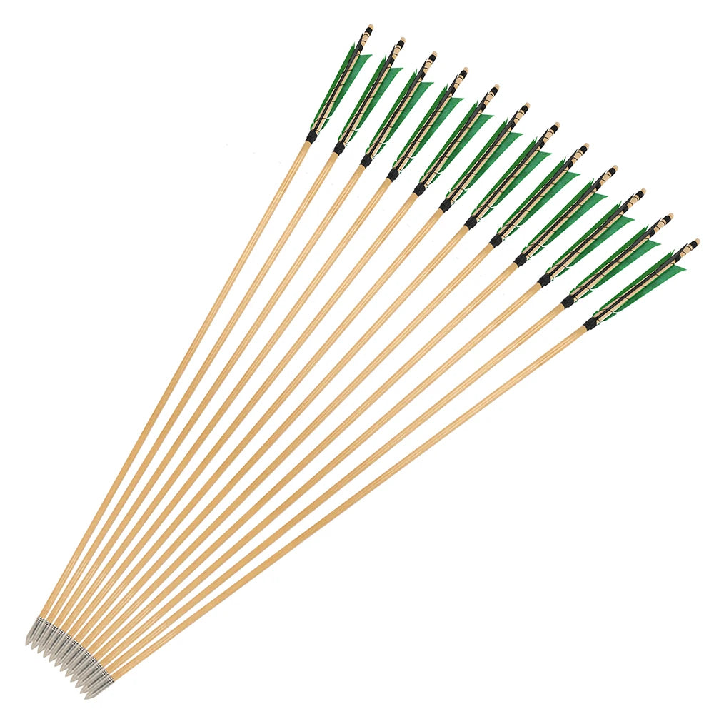 Wood Arrows 6/12pcs Turkey Feather OD8mm Fixed Stainless Steel Arrowhead 32.3Inch for Bow Shooting Hunting Practice