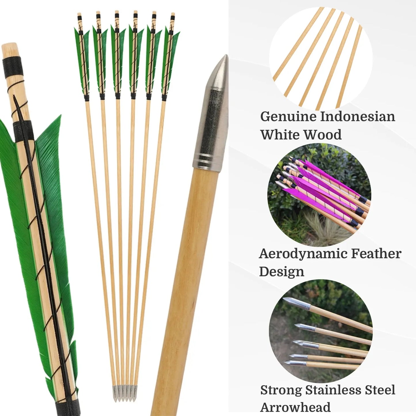 Wood Arrows 6/12pcs Turkey Feather OD8mm Fixed Stainless Steel Arrowhead 32.3Inch for Bow Shooting Hunting Practice