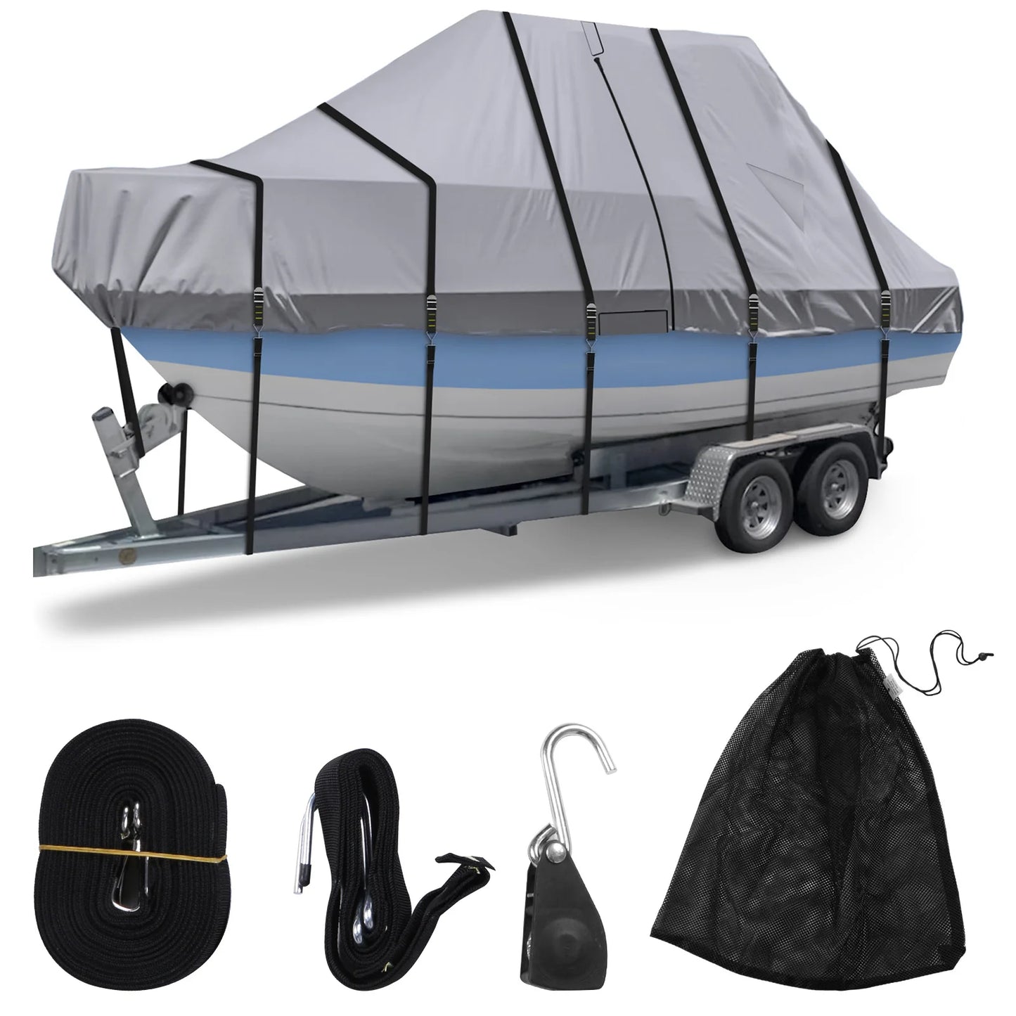 1200D Hard Top Yacht Boats Storage Covers with Motor Covering & Adjustable Buckle with 18 Tie Down Strap For Protecting Roof