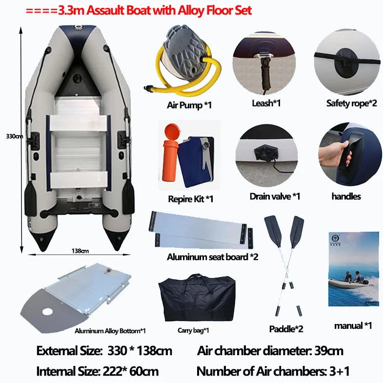 2.3~4.0m Inflatable Assault Boat 0.9mm Thickness PVC Speed Kayak Raft Thickened Wear-resistant Fishing Canoe Aluminum Floor Set