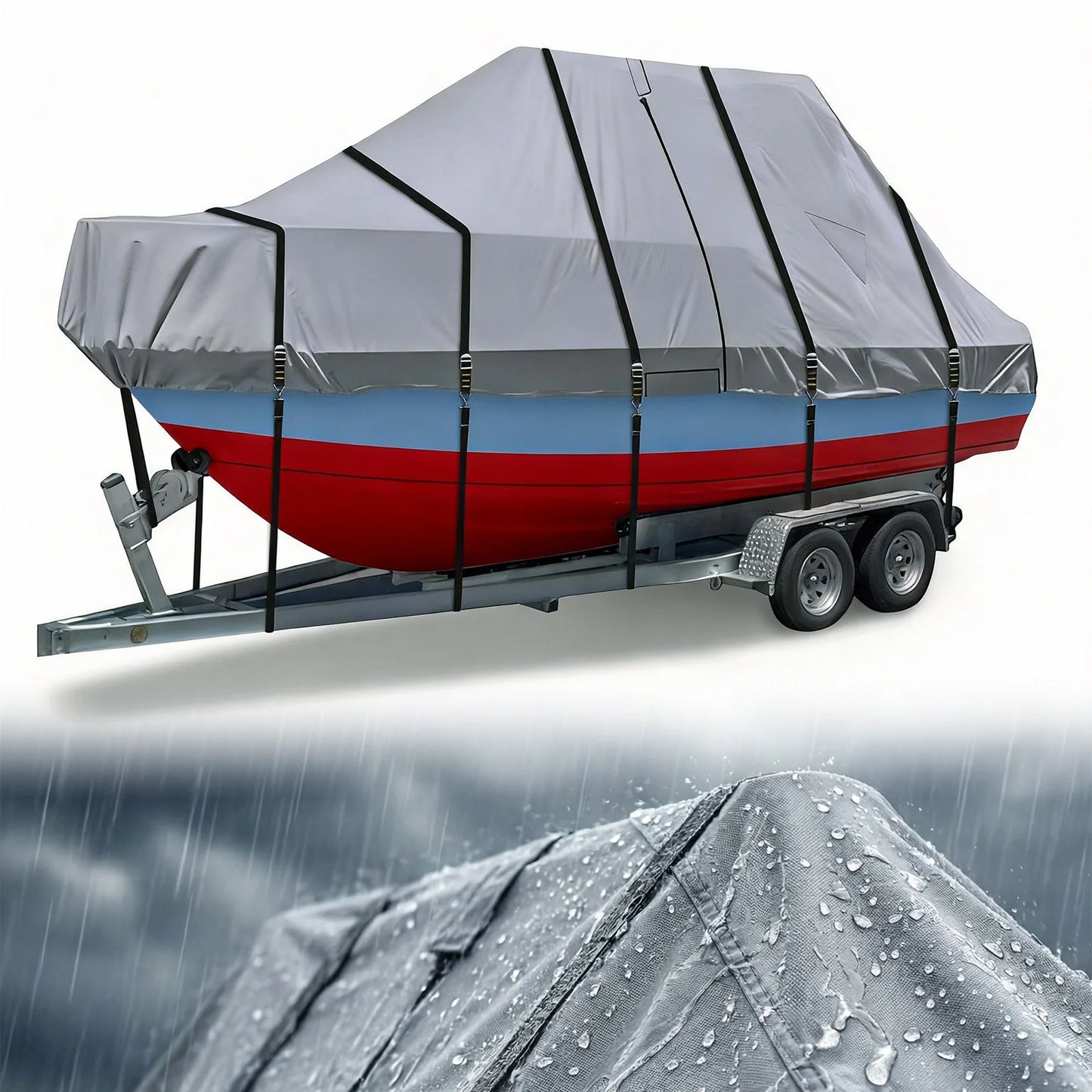 1200D Hard Top Yacht Boats Storage Covers with Motor Covering & Adjustable Buckle with 18 Tie Down Strap For Protecting Roof