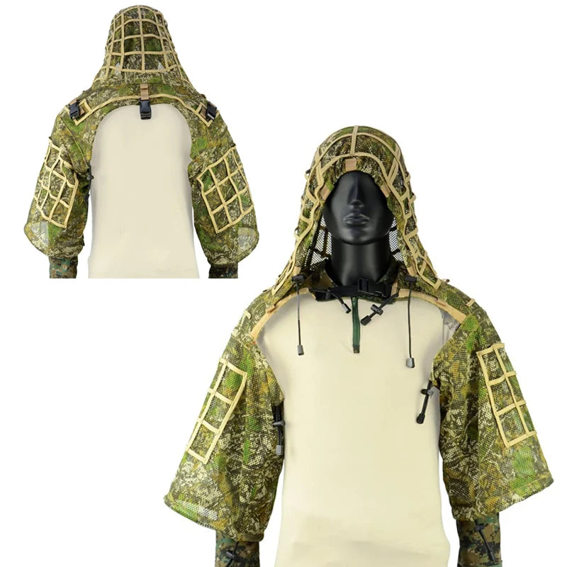 Tactical Ghillie Suit Breathable Ghillie Viper Hood with 3D Leafy Stripes Sniper Coat for Wargame, Hunting, CS