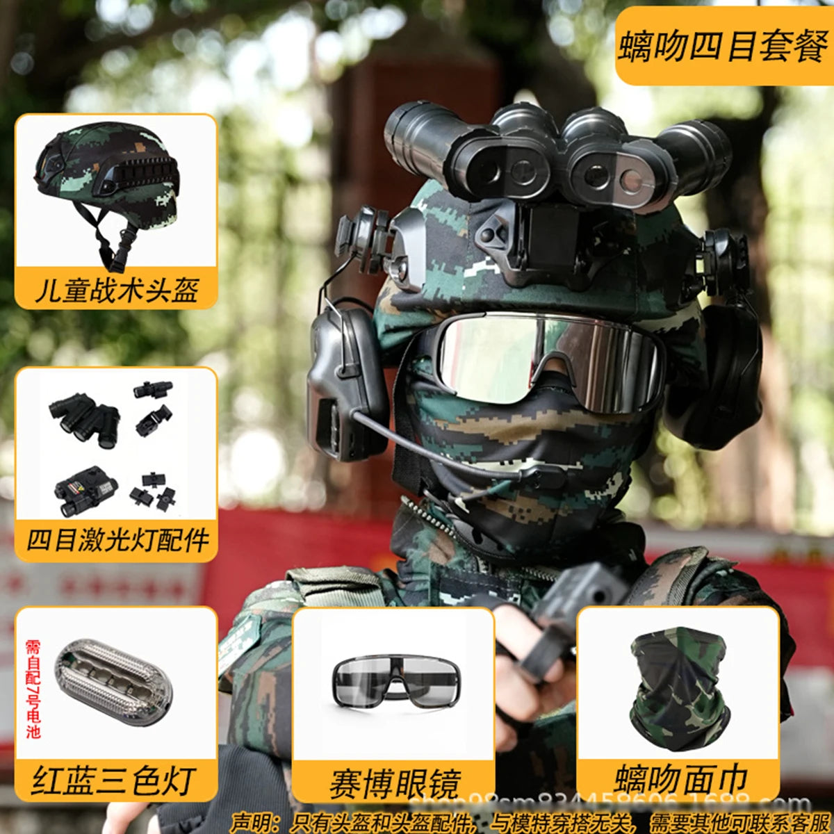 Kids Tactical Helmet Set with NVG Model & Face Mask Children Cosplay Toy Helmet Kit for Paintball Airsoft Outdoor for Boys&Girls