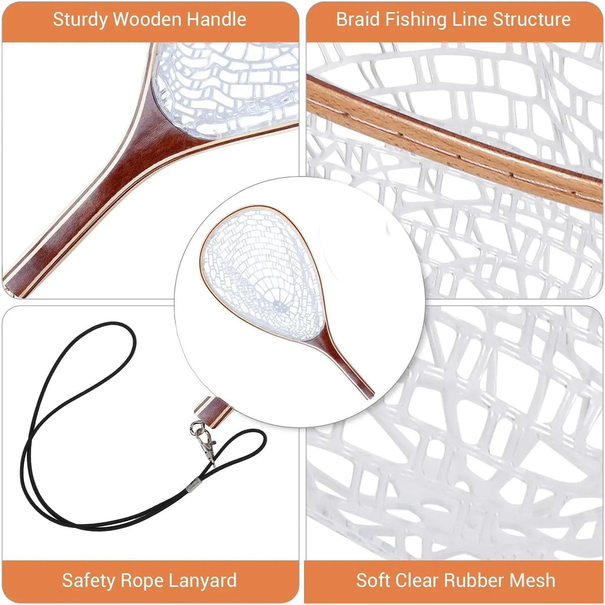 Wooden Frame Fly Fishing Landing Net with Soft Knotless Rubber Mesh, Fish Friendly Catch and Release Net for Trout Bass, Lightweight Wading Tool with Magnetic Release for Angler Gift