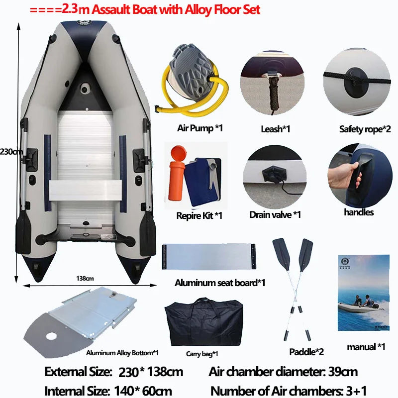 2.3~4.0m Inflatable Assault Boat 0.9mm Thickness PVC Speed Kayak Raft Thickened Wear-resistant Fishing Canoe Aluminum Floor Set