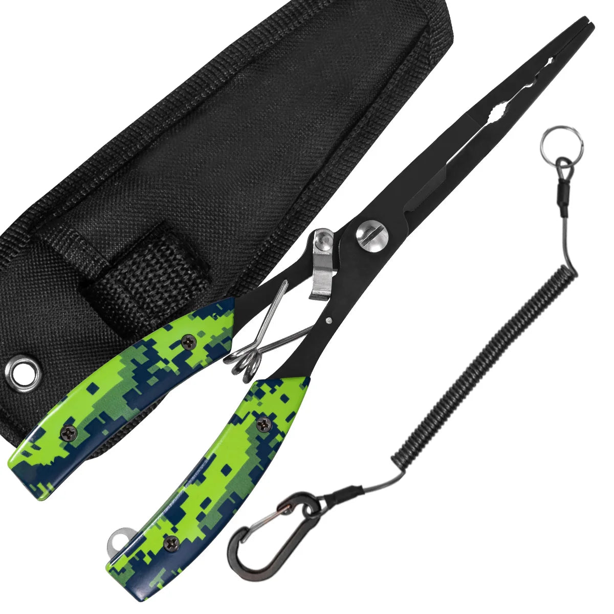 Functional fishing pliers made of stainless steel, wire cutters, hook remover, anti-rust coating, fishing tools.