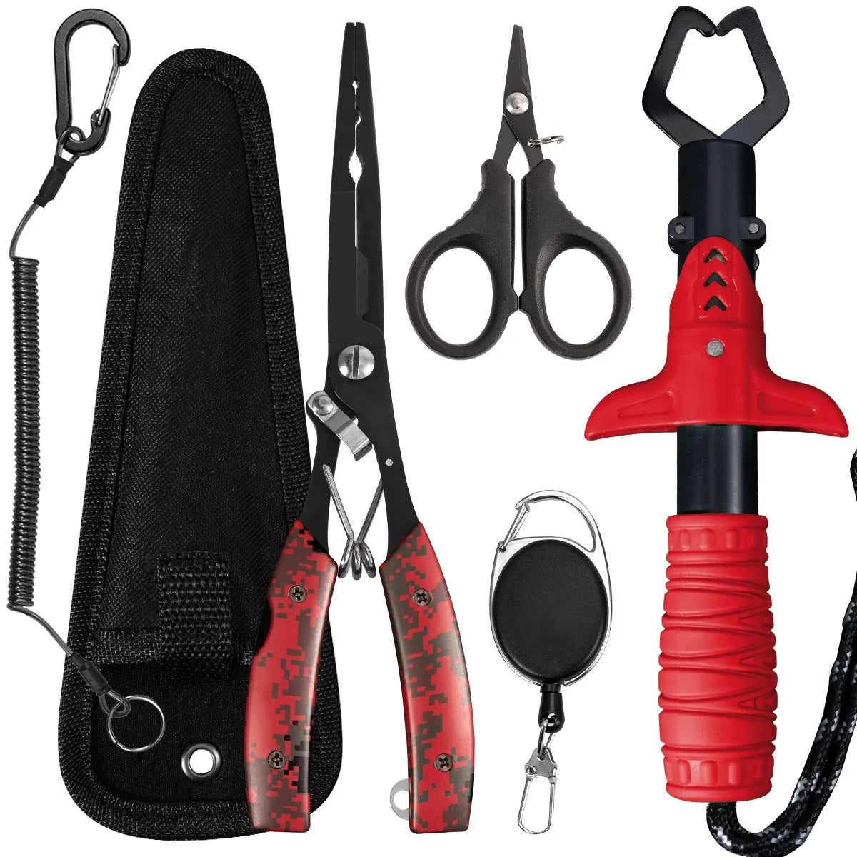 Functional fishing pliers made of stainless steel, wire cutters, hook remover, anti-rust coating, fishing tools.