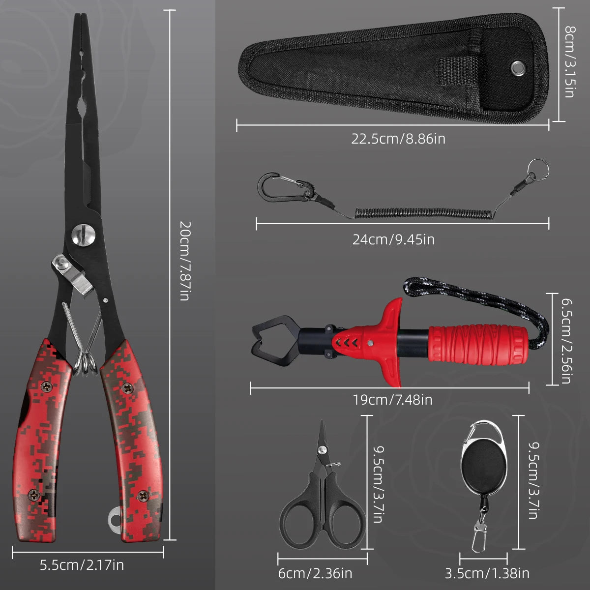 Functional fishing pliers made of stainless steel, wire cutters, hook remover, anti-rust coating, fishing tools.