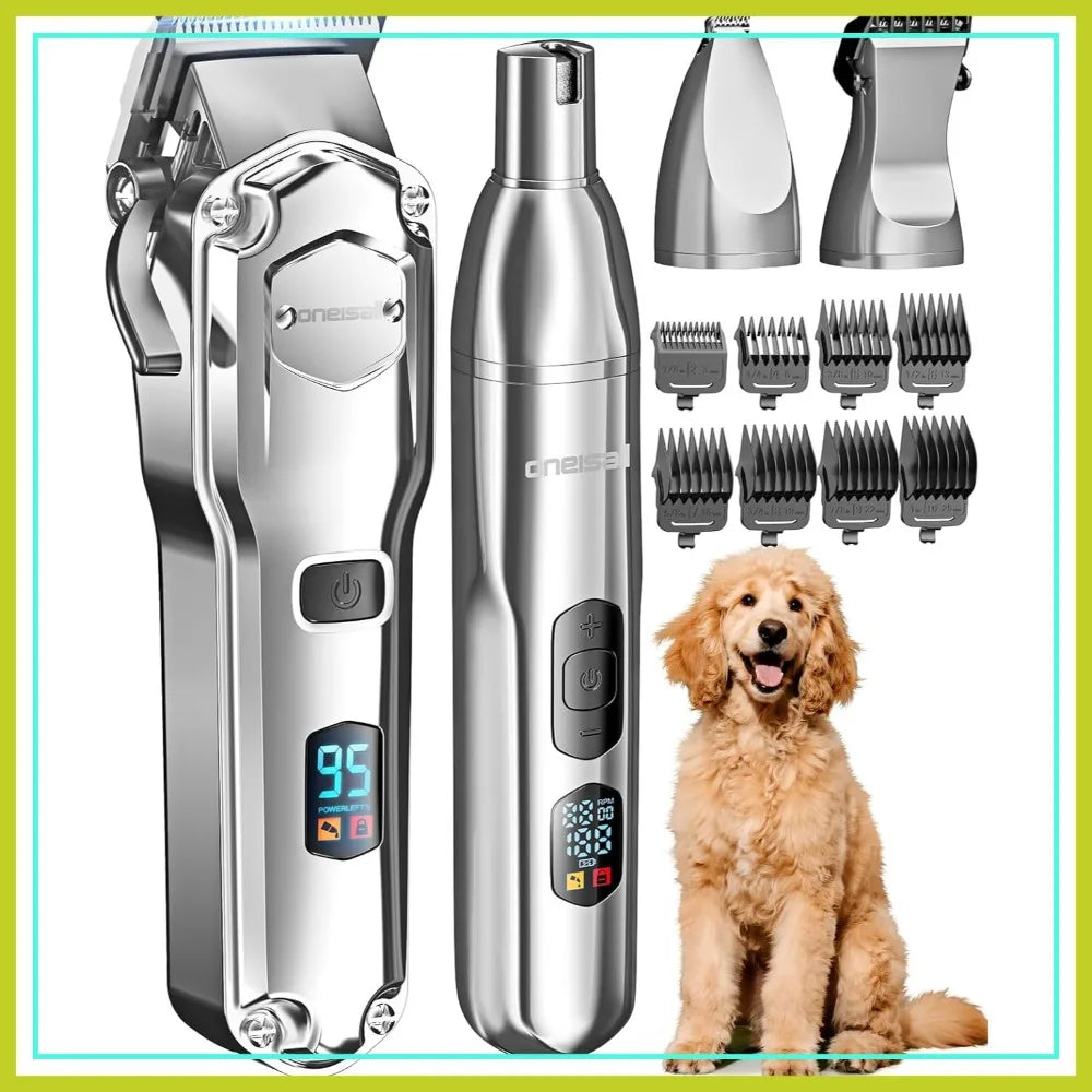 Dog Clippers for Thick Coats, 4-in-1 Grooming Kit Low Noise Stainless Steel Blade, Cordless Paw Trimmer & Nail Grinder for Small Large Dogs Cats