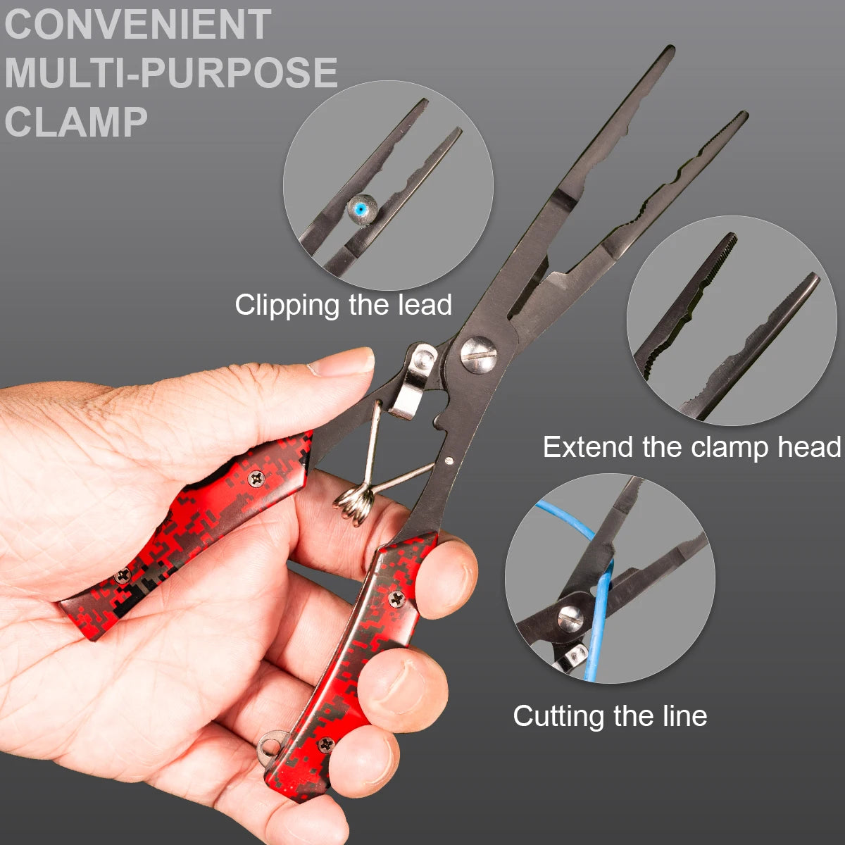 Functional fishing pliers made of stainless steel, wire cutters, hook remover, anti-rust coating, fishing tools.