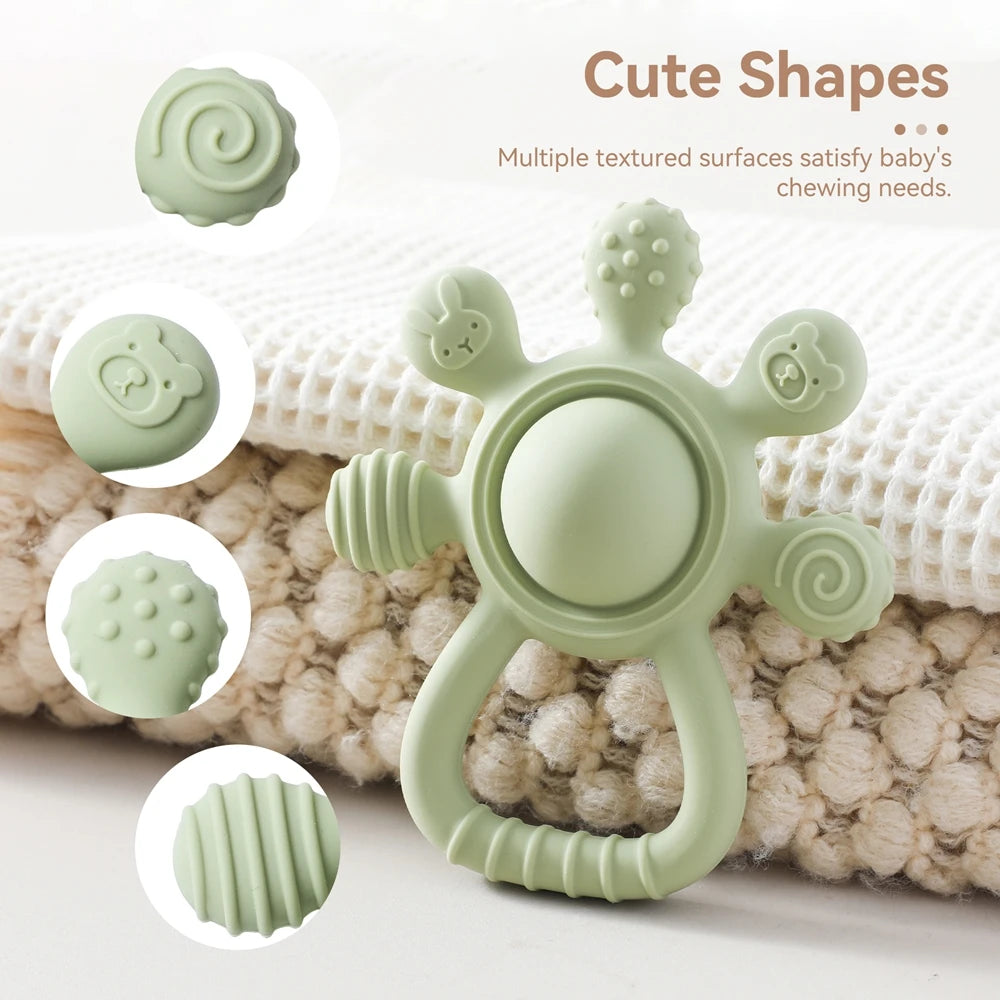 BPA Free Silicone Teether Food Grade Baby 0-12 Toys Teething Rattle Sensory Toys for Toddlers Silicone Hand Bell Soothing Toys