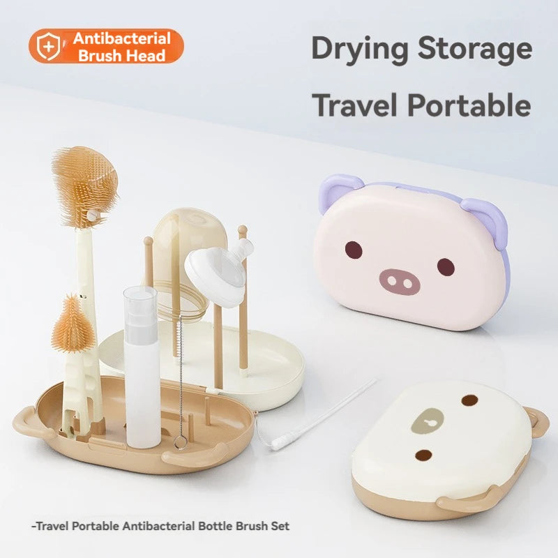 Travel Portable Bottle Brush Set, Foldable Bottle Brush, Sponge Baby Bottle and Nipple Brush, Rotating Nylon Brush
