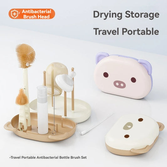 Travel Portable Bottle Brush Set, Foldable Bottle Brush, Sponge Baby Bottle and Nipple Brush, Rotating Nylon Brush