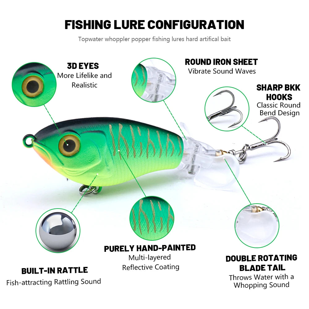 TREHOOK 9g/16g Topwater Whopper Popper Fishing Lures Rotating Double Propeller Tail Artificial Bait Floating Wobblers