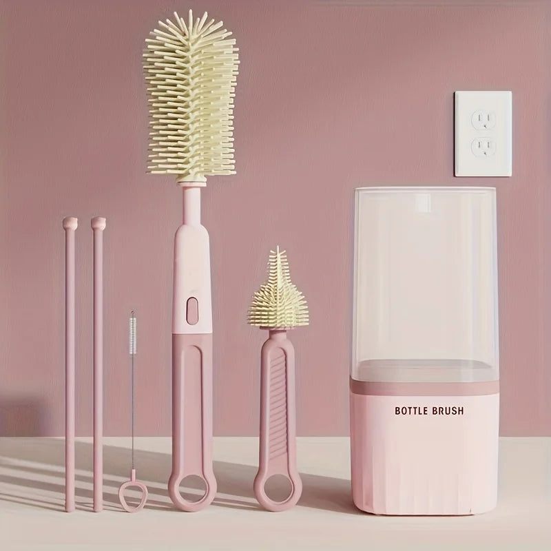 Baby Silicone Bottle Brush Portable Straight Handle Cleaning Tool Set 360° Rotating Drying Rack Combination Bottle Washing Brush