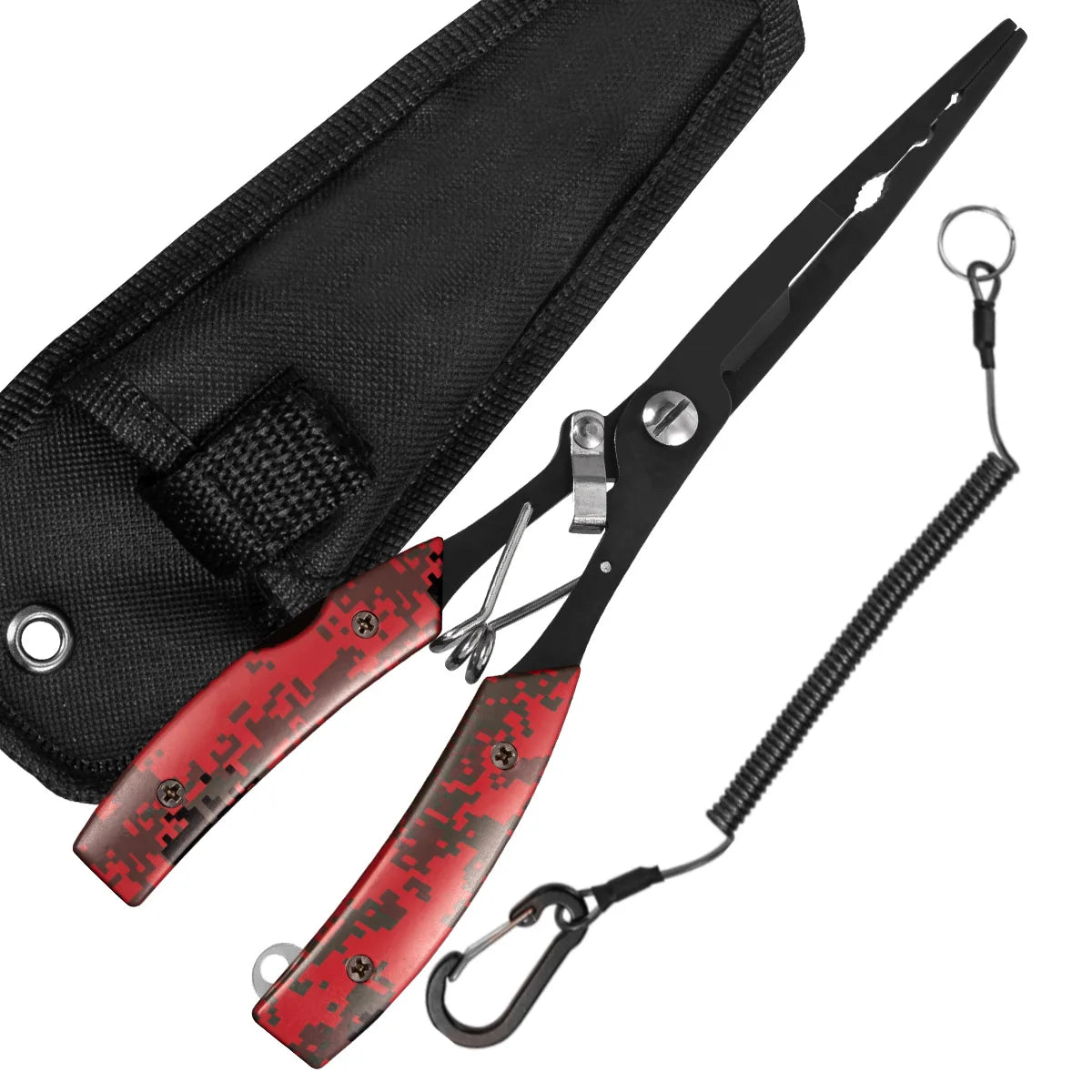 Functional fishing pliers made of stainless steel, wire cutters, hook remover, anti-rust coating, fishing tools.