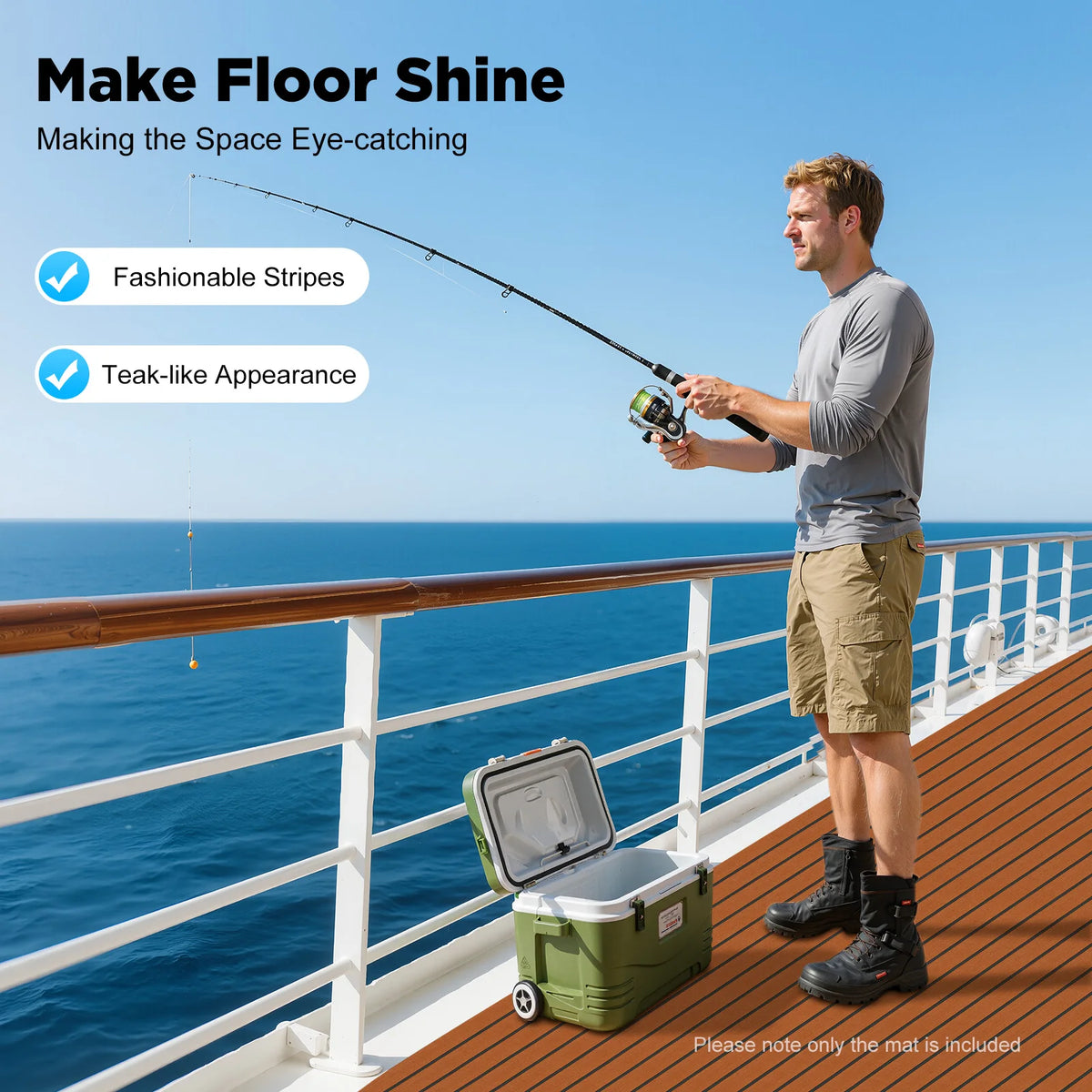 Light Grey / Brown EVA Foam Teak Floor, Non-Slip Marine Flooring Mat 240x60cm, Grey Blue Striped Boat Deck Pad, Soft Comfortable DIY Cut, Luxury Yacht Camper RV Surface Protector, Shock Absorbent, Easy Installation, Outdoor D