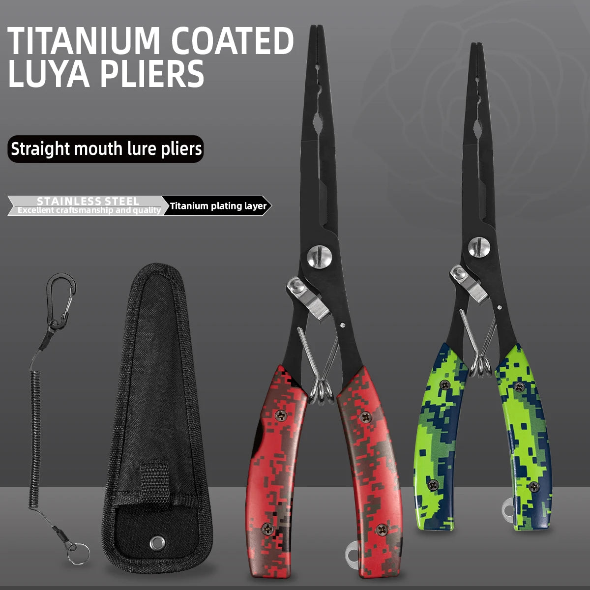 Functional fishing pliers made of stainless steel, wire cutters, hook remover, anti-rust coating, fishing tools.