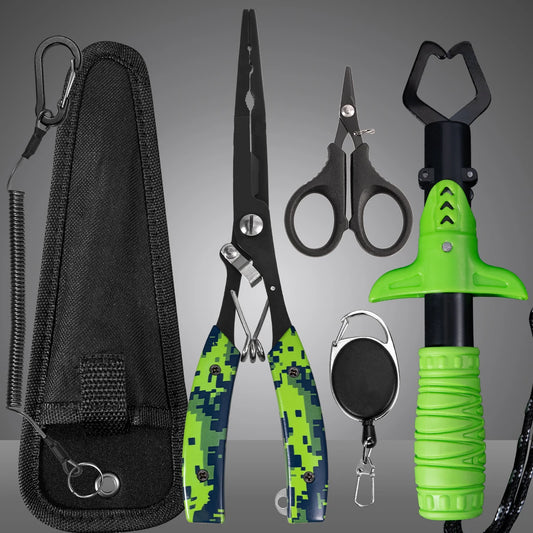 Functional fishing pliers made of stainless steel, wire cutters, hook remover, anti-rust coating, fishing tools.