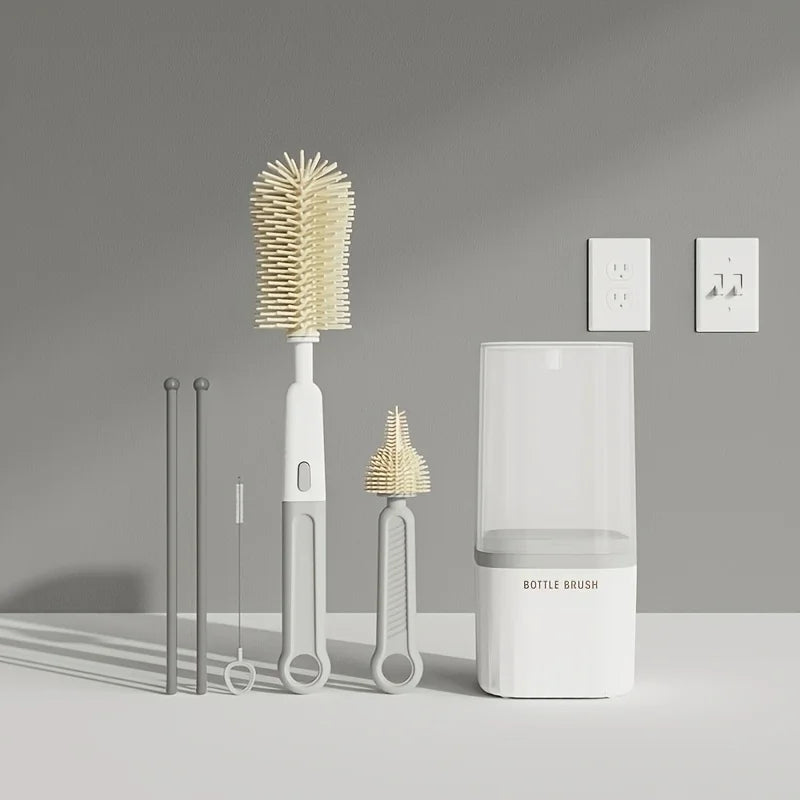 Baby Silicone Bottle Brush Portable Straight Handle Cleaning Tool Set 360° Rotating Drying Rack Combination Bottle Washing Brush