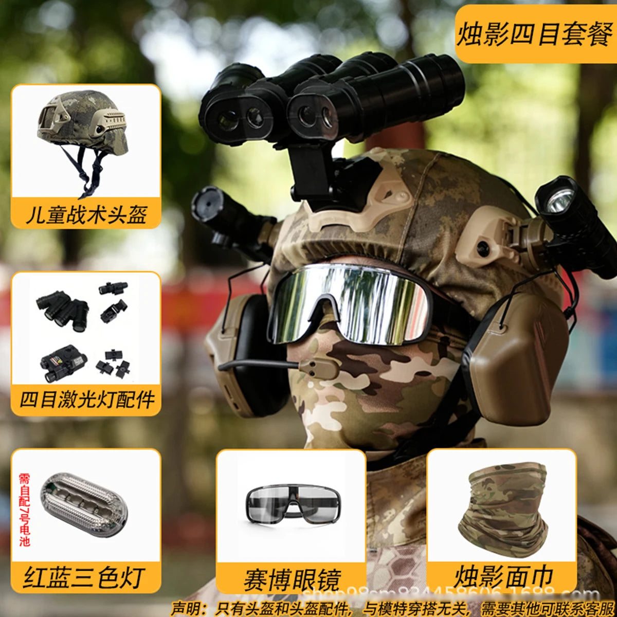 Kids Tactical Helmet Set with NVG Model & Face Mask Children Cosplay Toy Helmet Kit for Paintball Airsoft Outdoor for Boys&Girls
