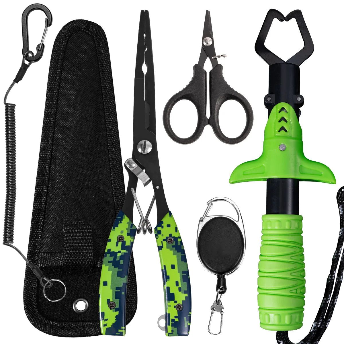 Functional fishing pliers made of stainless steel, wire cutters, hook remover, anti-rust coating, fishing tools.