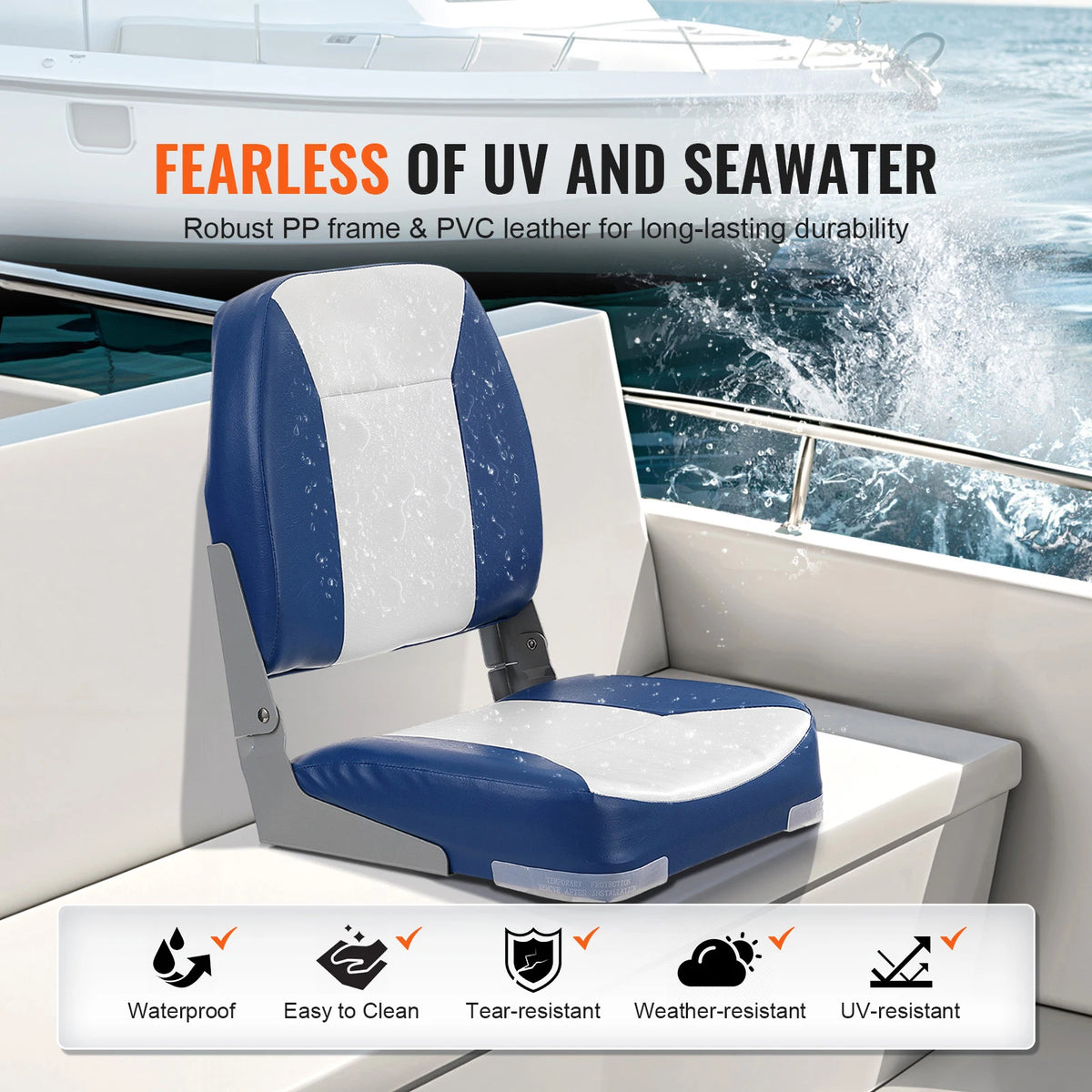 VEVOR Boat Seat 18.9" Low Back Folding Chair with Thickened Sponge Padding and Hinge Fold-Down Boat Captain Chair for Speedboat