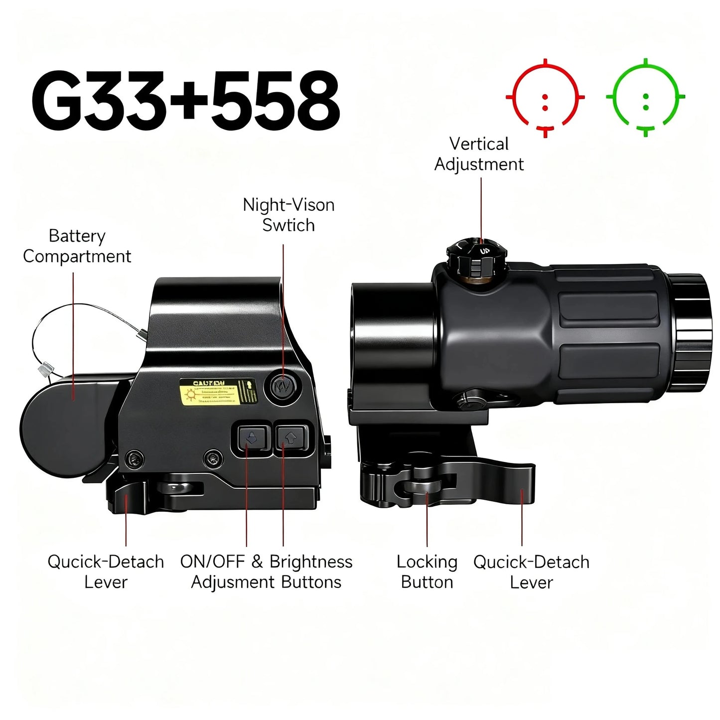 Hot Sale E*t*ch 558 Holographic Red/green Dot Sight and 3X/5X Magnifier Kit Hunting Gear Collimator W/Original Markings
