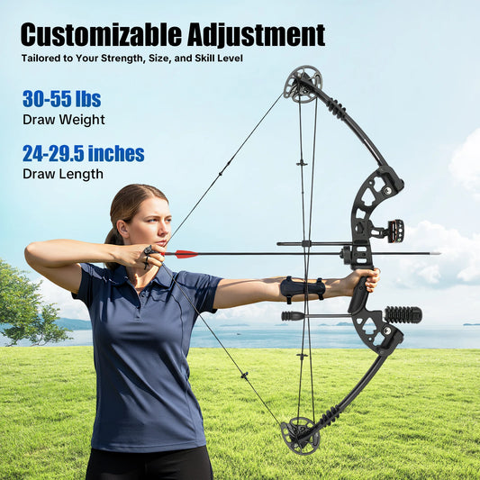 Compound Bow Arrow Set 30-55lb Adjustable Draw Length 24-29.5" for Adults Right Hand,3-Pin Sight Archery Hunting Bow w/12 Arrows