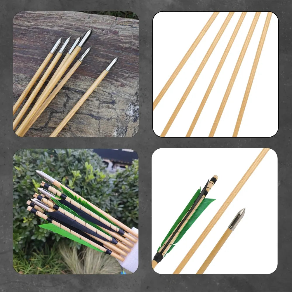 Wood Arrows 6/12pcs Turkey Feather OD8mm Fixed Stainless Steel Arrowhead 32.3Inch for Bow Shooting Hunting Practice