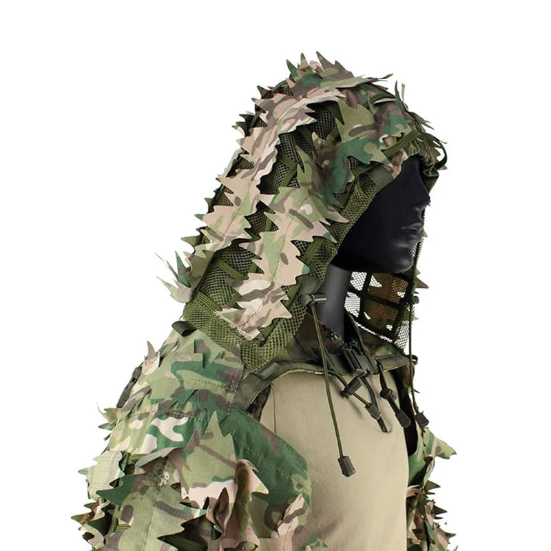 Tactical Ghillie Suit Breathable Ghillie Viper Hood with 3D Leafy Stripes Sniper Coat for Wargame, Hunting, CS
