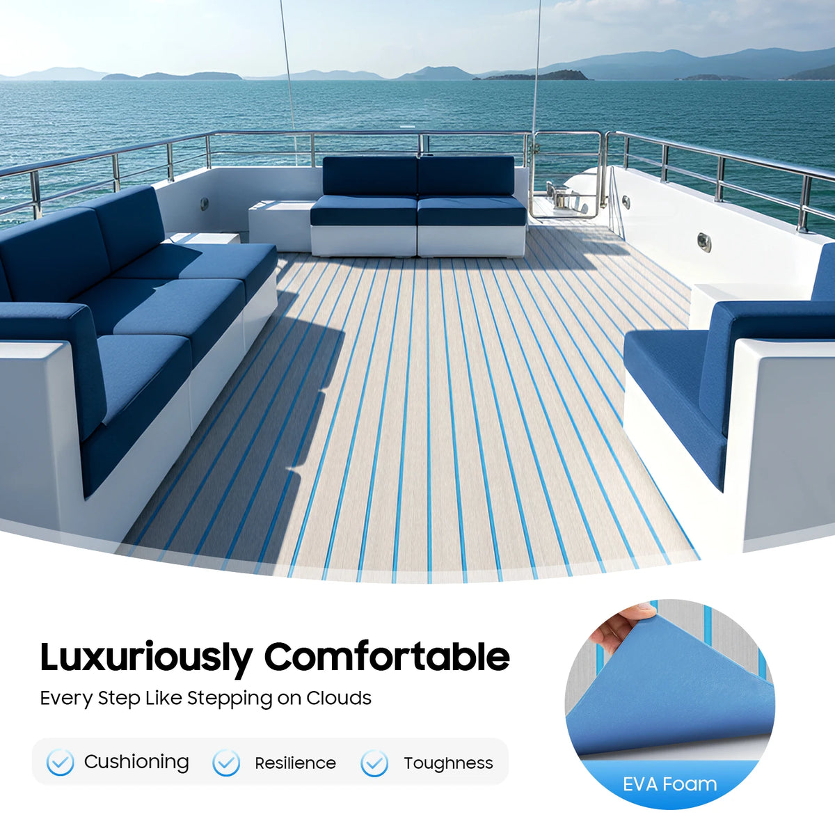 Light Grey / Brown EVA Foam Teak Floor, Non-Slip Marine Flooring Mat 240x60cm, Grey Blue Striped Boat Deck Pad, Soft Comfortable DIY Cut, Luxury Yacht Camper RV Surface Protector, Shock Absorbent, Easy Installation, Outdoor D