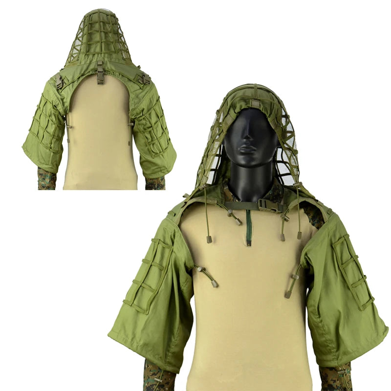Tactical Ghillie Suit Breathable Ghillie Viper Hood with 3D Leafy Stripes Sniper Coat for Wargame, Hunting, CS