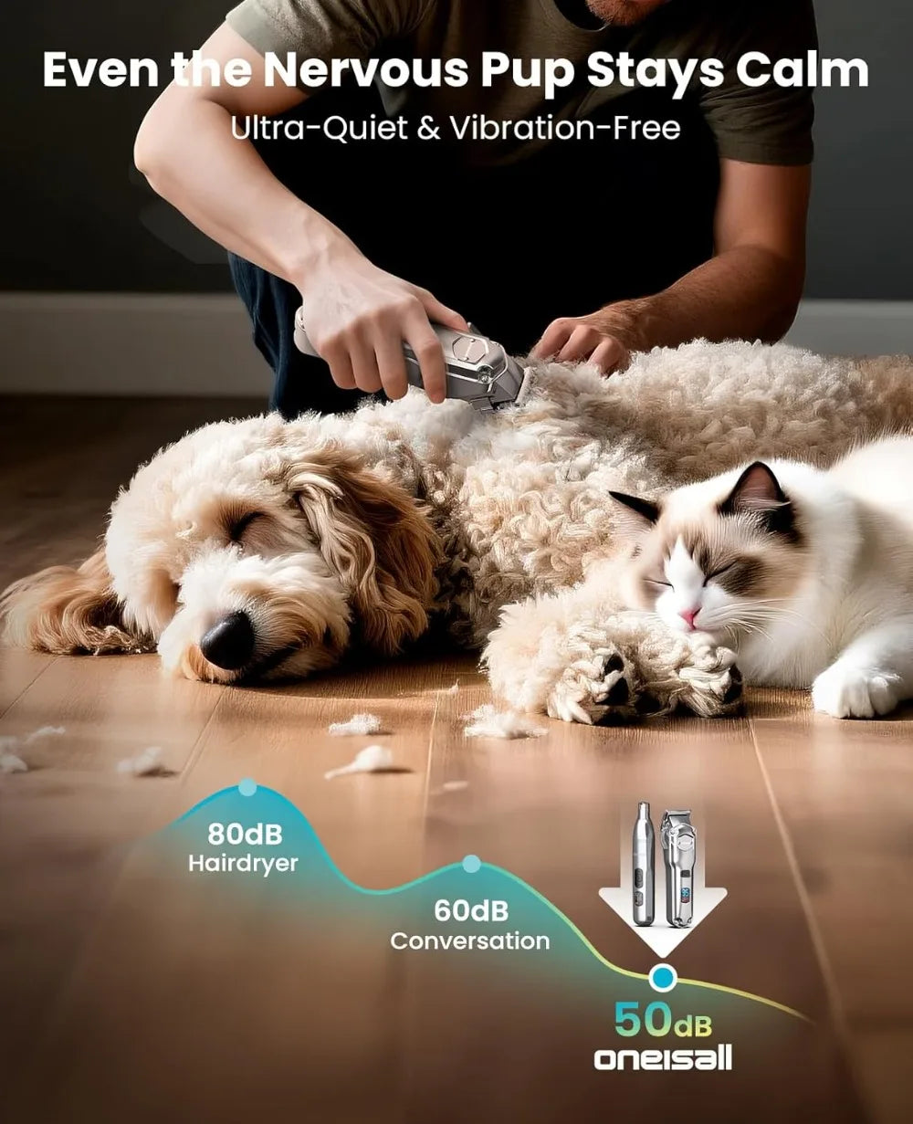 Dog Clippers for Thick Coats, 4-in-1 Grooming Kit Low Noise Stainless Steel Blade, Cordless Paw Trimmer & Nail Grinder for Small Large Dogs Cats