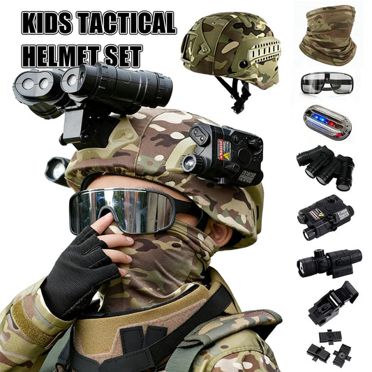 Kids Tactical Helmet Set with NVG Model & Face Mask Children Cosplay Toy Helmet Kit for Paintball Airsoft Outdoor for Boys&Girls