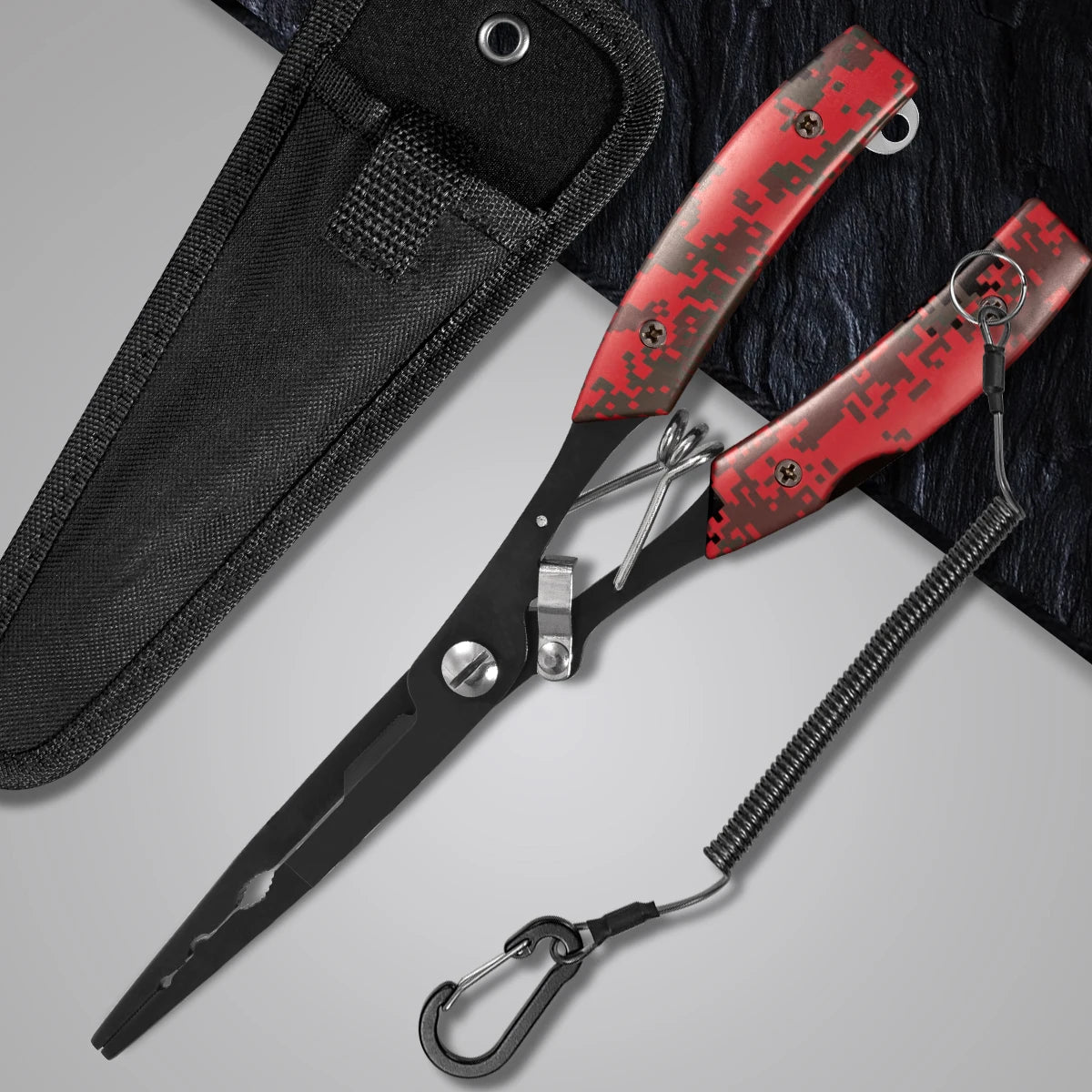 Functional fishing pliers made of stainless steel, wire cutters, hook remover, anti-rust coating, fishing tools.