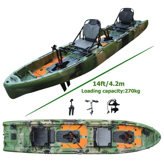 14FT 2-Person Tandem Propeller Double Seats  Pedal Kayak 4.2m with Electric Motor Fishing Fin Kayak Canoe HDPE Ocean Sea