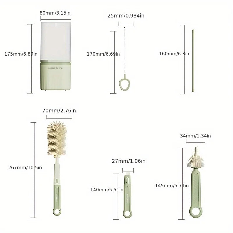 Baby Silicone Bottle Brush Portable Straight Handle Cleaning Tool Set 360° Rotating Drying Rack Combination Bottle Washing Brush