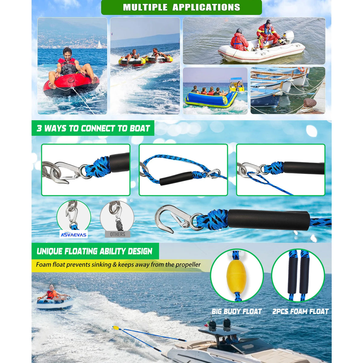 Tubing Boat Tow Harness with Hook Tow Rope Connector Watersports Towing Harness Line for Boat Water Sport Jet Ski Wakeboarding