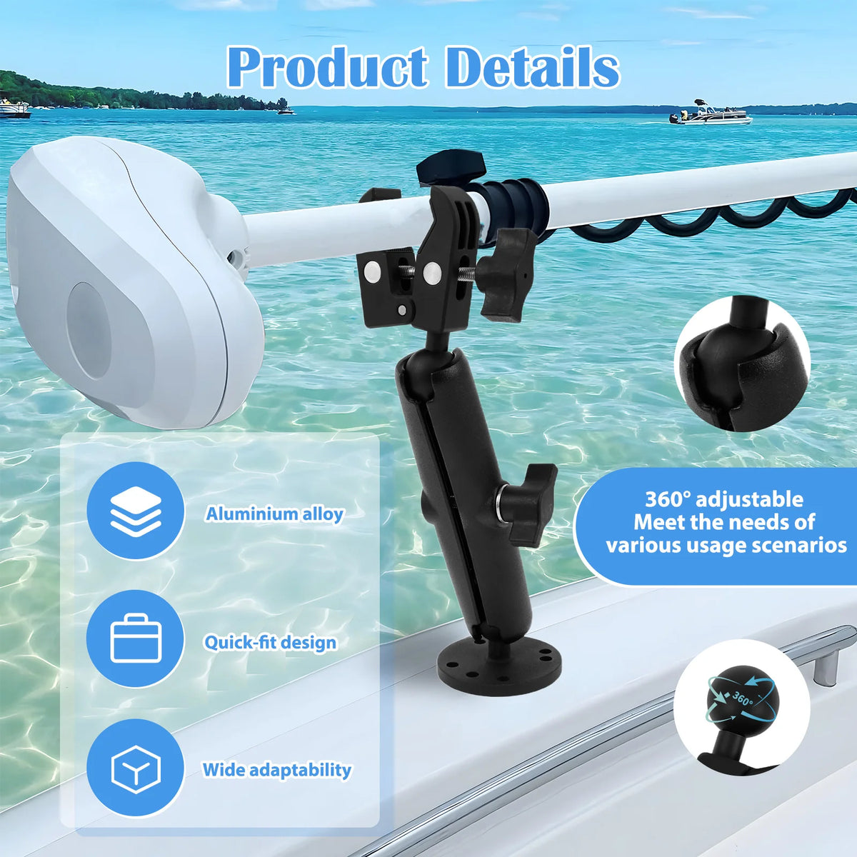 Trolling Motor Stabilizer Mount Support Clamp 360° Adjustable Tough Claw Aluminum Alloy Boat Trolling Motor Shaft