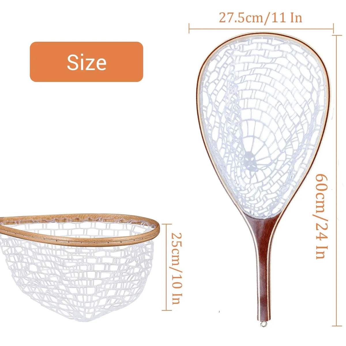 Wooden Frame Fly Fishing Landing Net with Soft Knotless Rubber Mesh, Fish Friendly Catch and Release Net for Trout Bass, Lightweight Wading Tool with Magnetic Release for Angler Gift