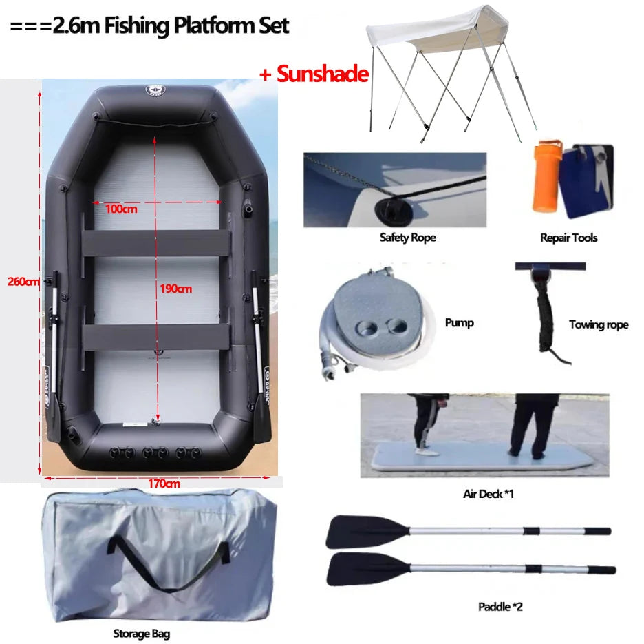 New 0.9mm Thickened & Widened Inflatable Boat with Sunshade Set Air Deck Fishing Platform Wear-resistant PVC Kayaks